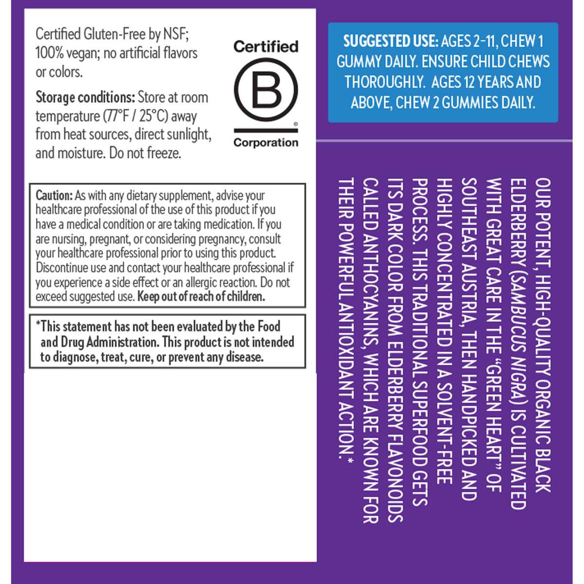 Certified Gluten-Free by NSF, 100% Vegan, B-Corp Certified, Our potent, high-quality black elderberry (Sambucus Nigra) is cultivated with great care in the "Green Heart" of Southeast Austria, then handpicked and highly concentrated in a solvent-free process. This traditional superfood gets its dark color from elderberry flavonoids called anthocyanins, which are known for their powerful antioxidant action.  
