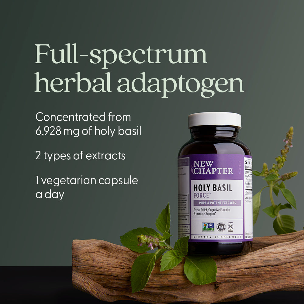 Full-spectrum herbal adaptogen Concentrated from 6,928 mg of holy basil, 2 types of extracts, 1 vegetarian capsule a day