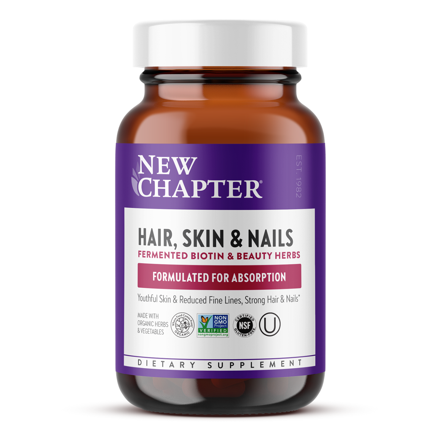 Hair, Skin & Nails supplement bottle, with Fermented Biotin
