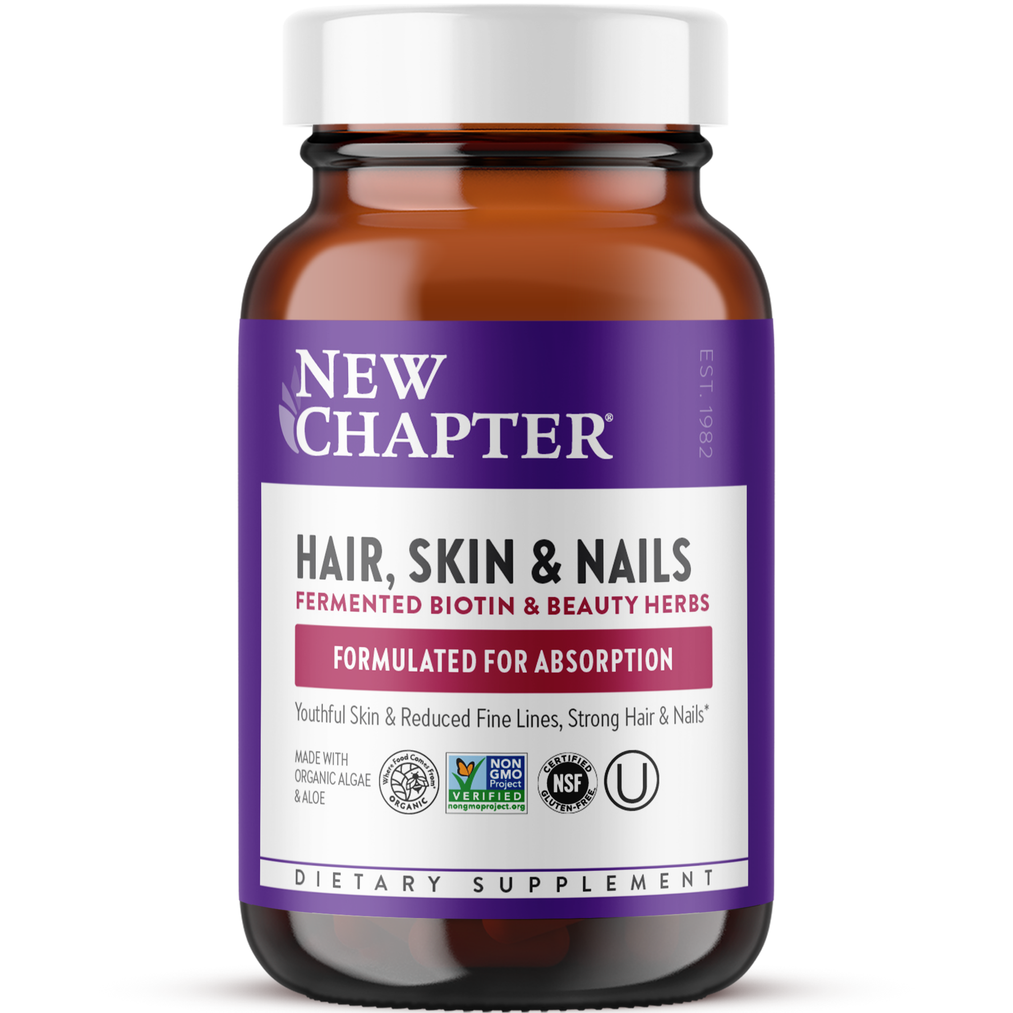 Hair, Skin & Nails supplement bottle, with Fermented Biotin