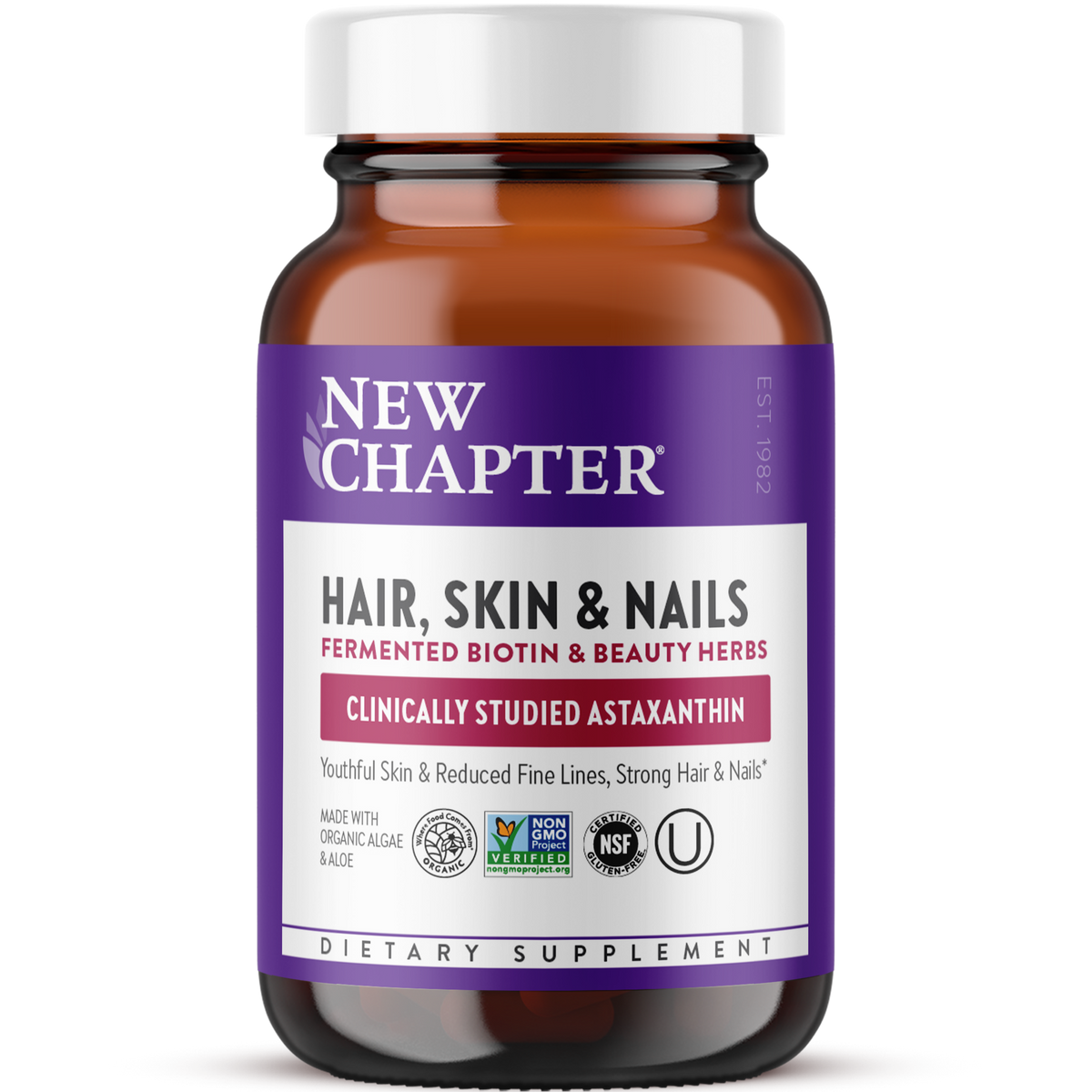 Hair, Skin & Nails supplement bottle, with Fermented Biotin