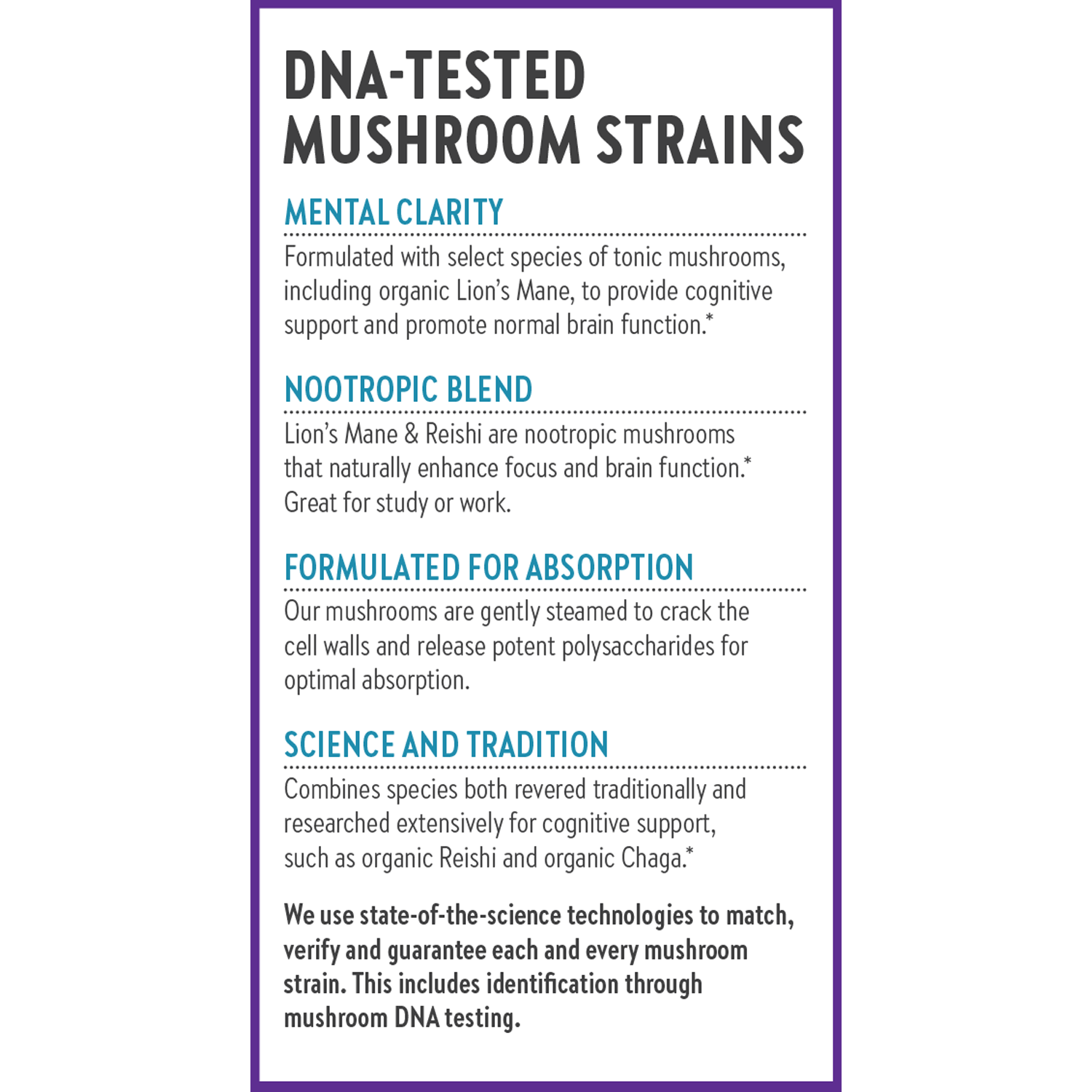 DNA-Tested Mushroom Strains, Mental Clarity, Nootropic Blend, Formulated for Absorption, Science and Tradition