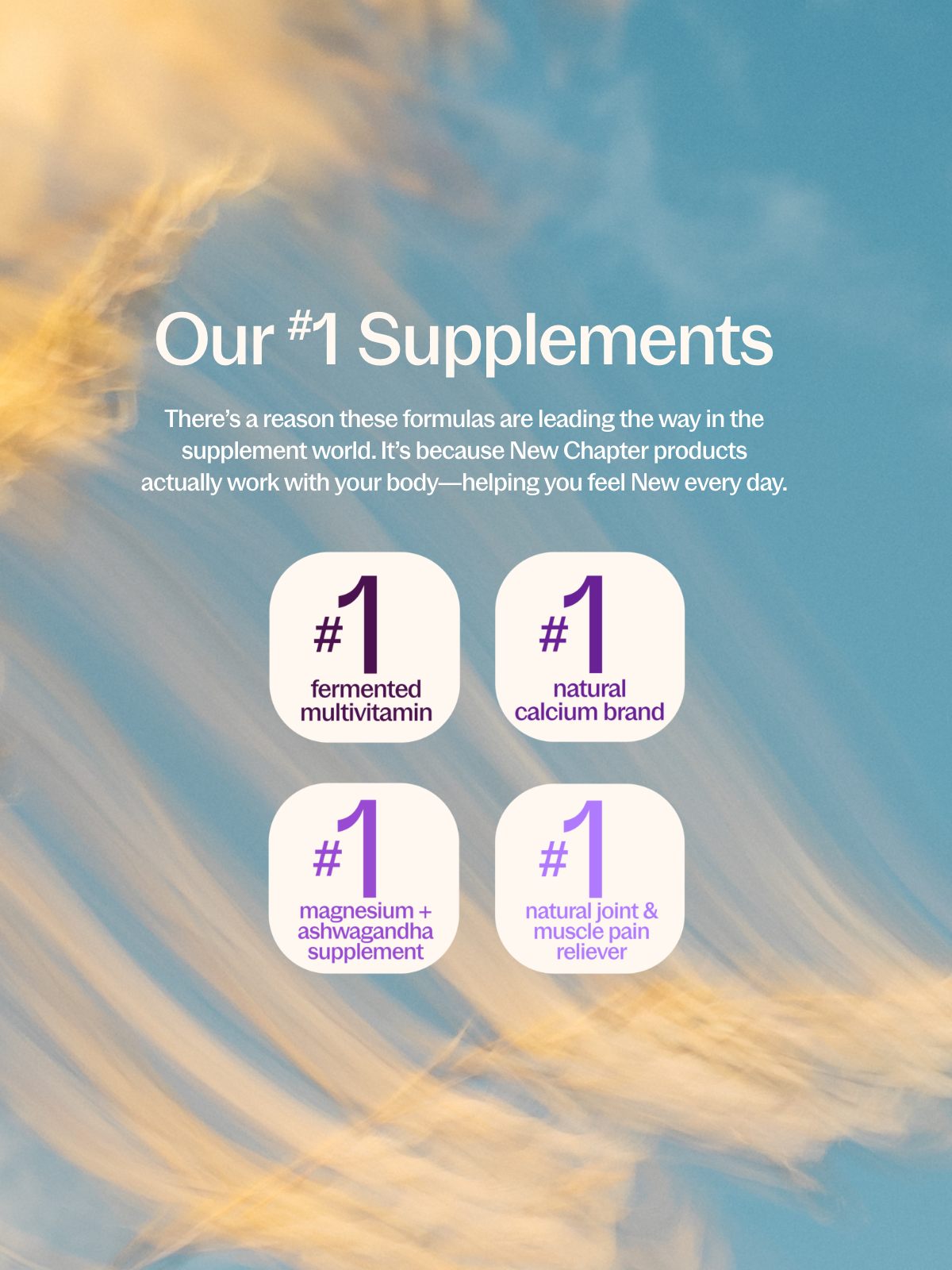 Our #1 Supplements. There’s a reason these formulas are leading the way in the supplement world. It’s because New Chapter products actually work—helping you feel New in your body every day.  #1 fermented #1 natural calcium brand #1 magnesium ashwagandha #1 natural join & muscle pain reliever