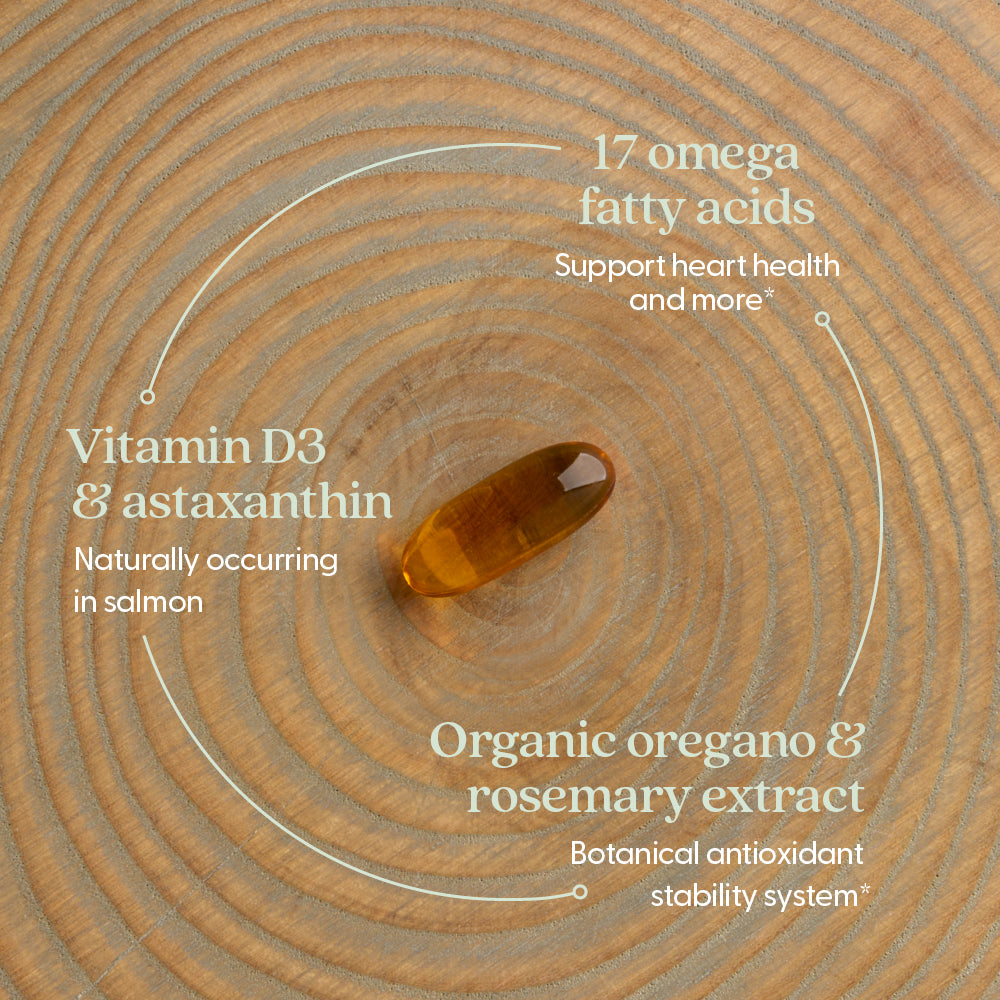 Vitamin D3 & astaxanthin, 17 omega fatty acids, organic oregano & rosemary extract