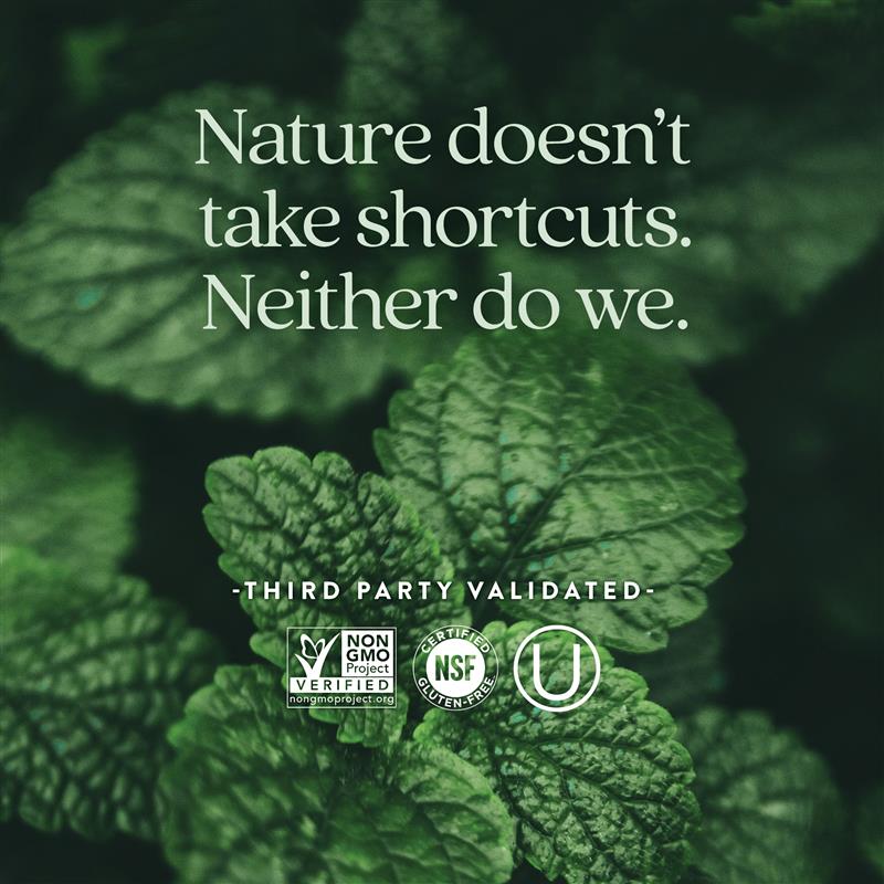 Third party validated. Non-GMO Project Verified. Certified NSF Gluten-Free. Kosher