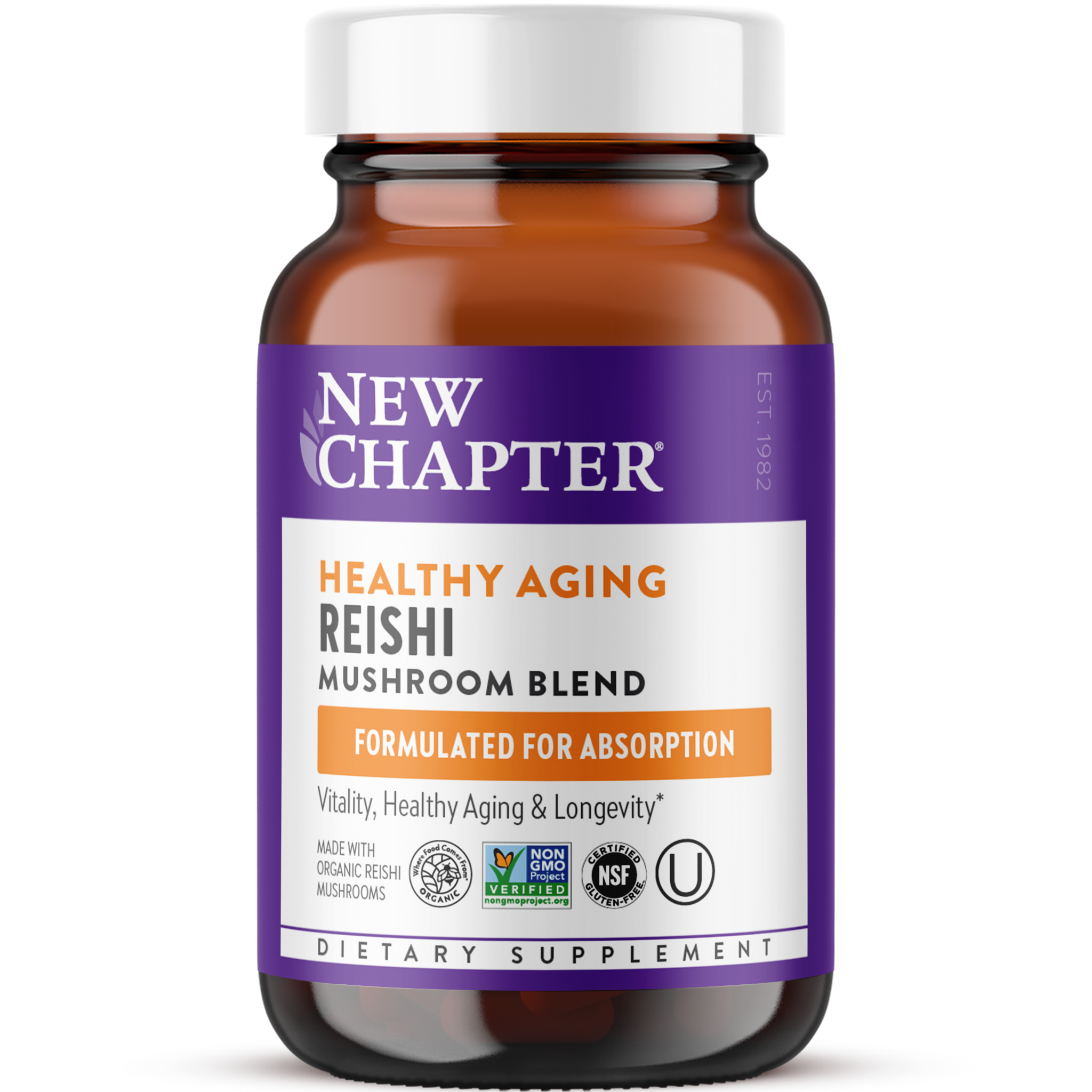 A bottle of New Chapter Healthy Aging Reishi Mushroom Blend dietary supplement with the label showing the product name and the benefits of vitality, healthy aging, and longevity.