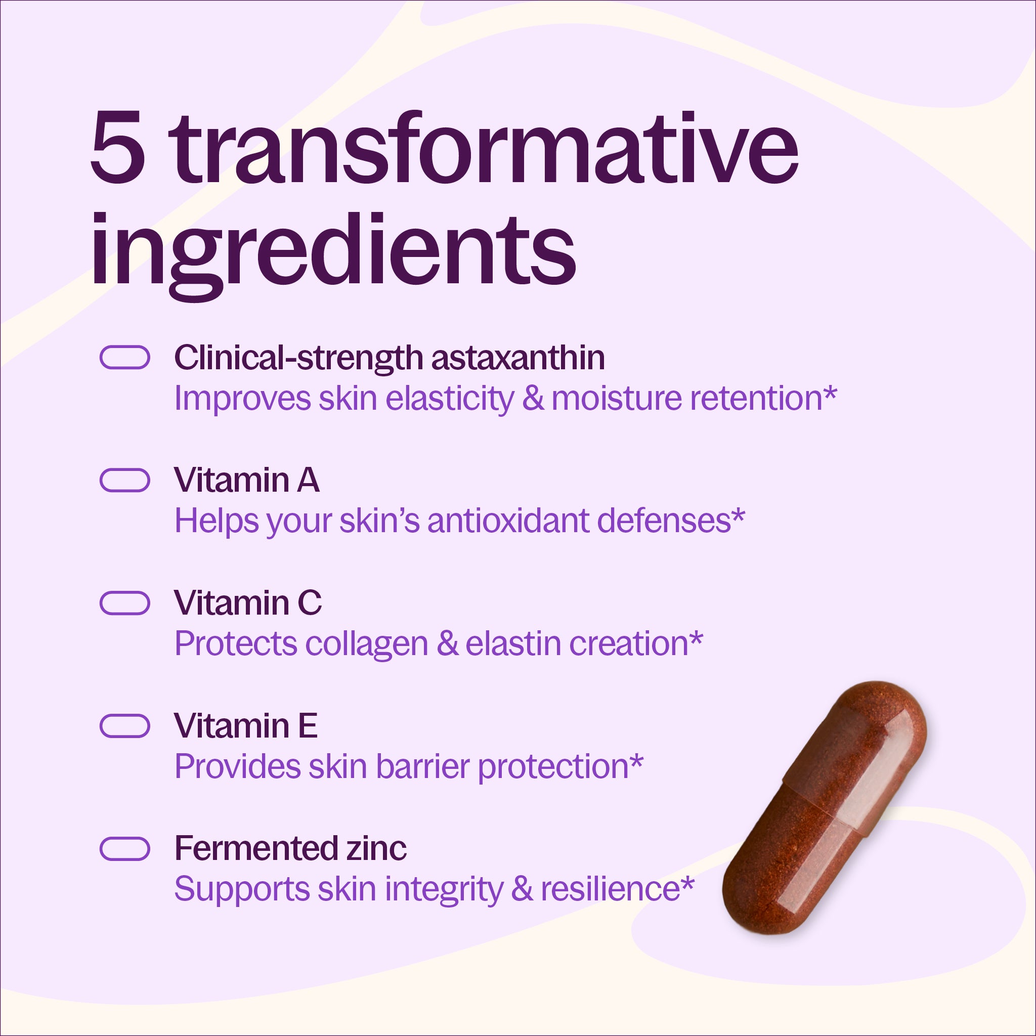 5 transformative ingredients - Clinical-strength astaxanthin, Vitamin A, Vitamin C Vitamin E, Fermented Zinc