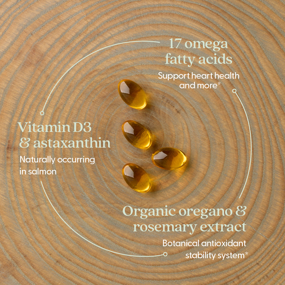 Vitamin D3 & astaxanthin, Organic oregano & rosemary extract. 17 omega fatty acids