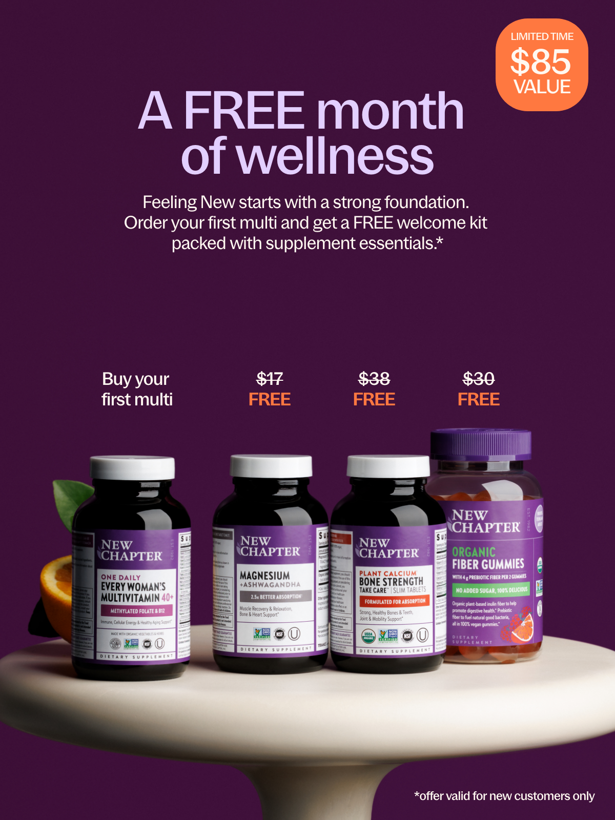 Promotional ad for New Chapter supplements featuring four bottles on a white surface against a dark purple background. The ad reads 'A FREE month of wellness' and shows pricing for different multi-bottle options.