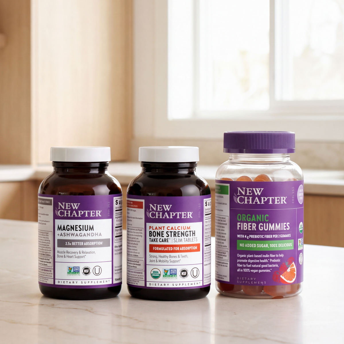 Bottle of New Chapter Bone Strength Take Care Slim Tablets, Magnesium Ashwagandha and Organic Fiber Gummies