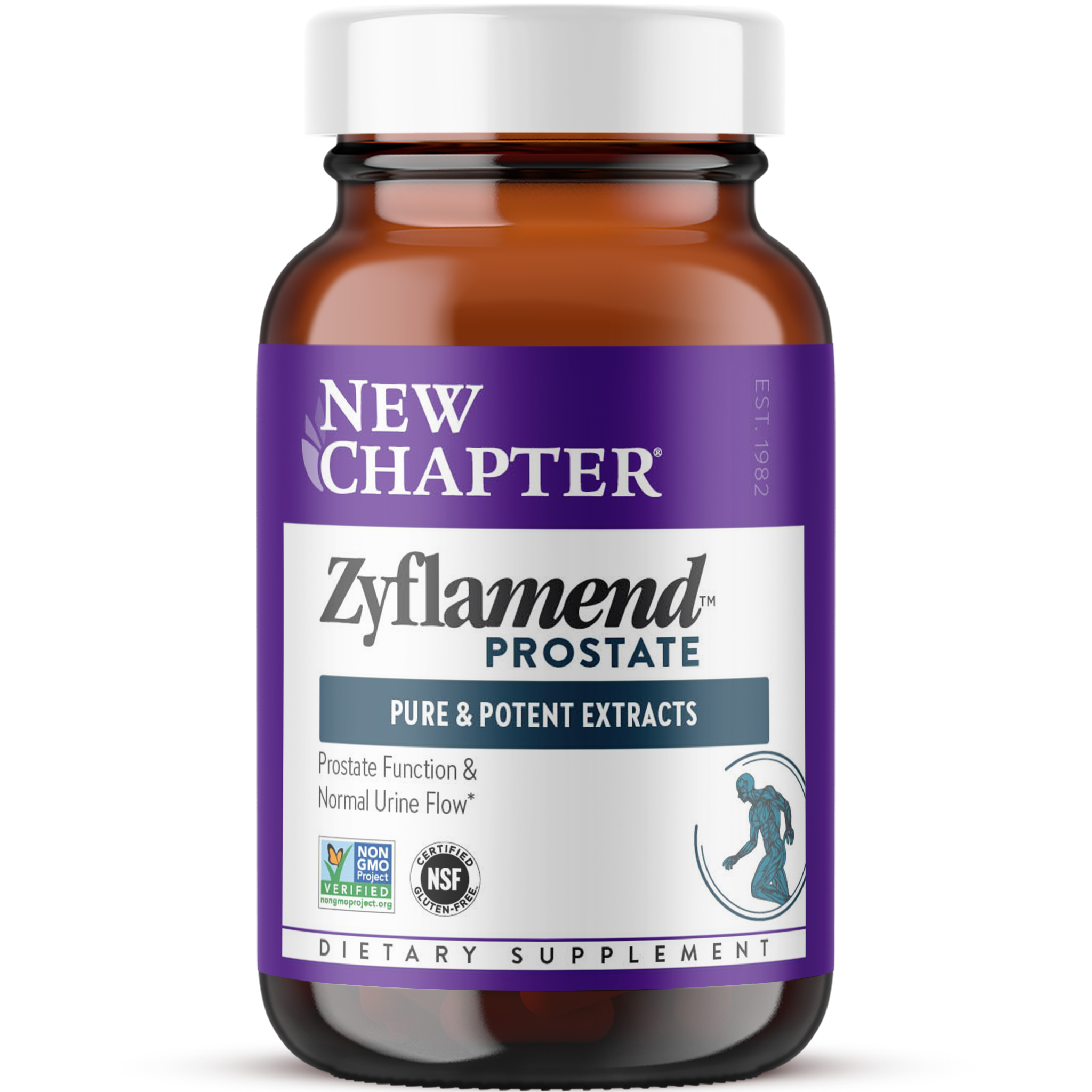 A bottle of New Chapter Zyflamend Prostate dietary supplement with purple label, indicating it contains pure and potent extracts for supporting prostate health.